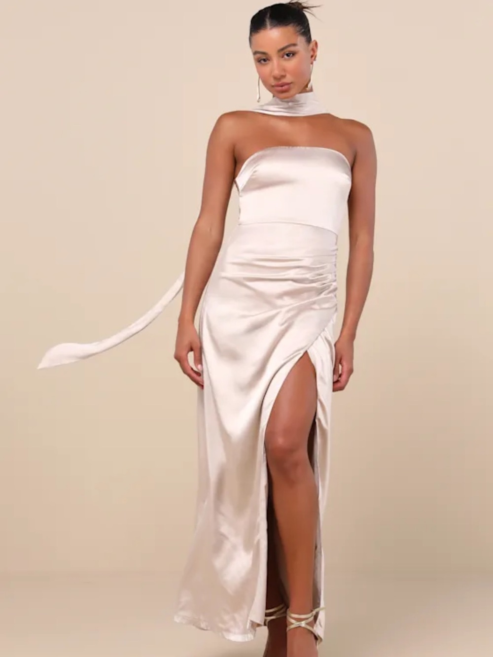 Maritza Champagne Satin Sash Tulip Maxi Dress